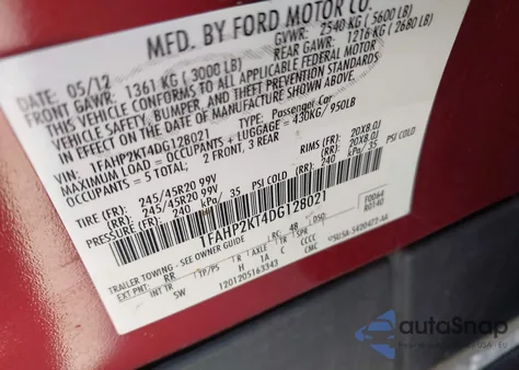 2013 Ford Taurus Sho из США, поврежденный, VIN 1FAHP2KT4DG128021